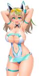  1girl absurdres aqua_eyes armpits arms_behind_head arms_up asamura_hiori bare_shoulders bikini_tan blonde_hair blush breasts cleavage collarbone cowboy_shot elbow_gloves fang gene_(pso2) gloves green_hair hair_between_eyes headgear highres huge_breasts looking_at_viewer multicolored_hair navel phantasy_star phantasy_star_online_2 shiny shiny_skin smile solo streaked_hair swimsuit tan tanlines twintails two-tone_hair 