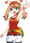  1girl absurdres arm_up armpits bike_shorts bike_shorts_under_shorts blue_eyes bow breasts brown_hair cowboy_shot fanny_pack hair_bow highres long_hair may_(pokemon) open_mouth outstretched_arm pokemon pokemon_(game) pokemon_oras red_tank_top shorts solo tank_top white_shorts yuihico 
