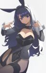  1girl animal_ear_hairband animal_ears black_bow black_bowtie black_hair black_leotard black_thighhighs blue_eyes bow bowtie breasts cleavage closed_mouth commentary dated_commentary fake_animal_ears hairband highres izayoi_arisa large_breasts leotard long_hair looking_at_viewer playboy_bunny rabbit_ear_hairband rabbit_ears reulem simple_background smile solo sono_bisque_doll_wa_koi_wo_suru strapless strapless_leotard tailcoat_playboy_bunny thighhighs thighs white_background 