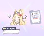  1girl animal_ears animal_on_head ayanoburuaka bikini bird bird_on_head blonde_hair blue_archive bow chibi flower fox_ears fox_girl fox_tail green_eyes hair_bow hair_flower hair_ornament halo long_hair looking_at_viewer multicolored_eyes on_head open_mouth pink_eyes seia_(blue_archive) sitting solo swimsuit tail translation_request two-tone_eyes yellow_bikini yellow_halo 