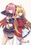  2girls absurdres ahoge anime_coloring belt blonde_hair blue_bow blue_bowtie blush bow bowtie breasts clenched_hands closed_mouth collared_jacket cone_hair_bun cowboy_shot frills garter_straps green_eyes hair_between_eyes hair_bun hair_ribbon highres hikikomari_kyuuketsuki_no_monmon jacket knee_strap long_hair long_sleeves looking_at_viewer midriff multiple_girls navel nelia_cunningham one_eye_closed open_hand outstretched_arm palms pink_hair pleated_skirt purple_brooch reaching reaching_towards_viewer red_eyes red_jacket red_ribbon ribbon shitaya_tomoyuki simple_background skirt smile spread_fingers terakomari_gandezblood thigh_belt thigh_strap thighhighs thighs two_side_up v-shaped_eyebrows very_long_hair white_garter_straps white_thighhighs 