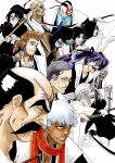  3girls 6+boys :d absurdres alpen_no_koyari bald beard black_hair black_kimono bleach bleach:_sennen_kessen-hen breasts brown_eyes brown_hair closed_mouth colored_skin colored_teeth commentary_request cross_scar dark-skinned_male dark_skin everyone eyebrows_hidden_by_hair eyelashes facial_hair facial_mark fang fighting_stance floating_hair freckles from_side frown fur_scarf glasses grey_eyes grey_hair grey_skin grin haori highres holding holding_sword holding_weapon huge_breasts izuhara_kinroku japanese_clothes katana katori_batsuunsai kimono kubo_tite_(style) kumoi_entetsu long_eyebrows long_hair long_sleeves looking_ahead looking_at_viewer low_ponytail medium_hair multiple_boys multiple_girls mustache nose obana_danjirou official_style old old_man one_eye_covered open_mouth outogawa_furuoki parted_lips ponytail profile purple_eyes purple_hair red_scarf round_eyewear saitou_furoufushi sakahone_saizou scar scar_on_face scar_on_forehead scarf shigyou_nobutsuna shihouin_chika shijima_chigiri short_hair simple_background smile spiked_hair sunken_cheeks sword taichou_haori tareme teeth thick_eyebrows tinted_eyewear tsurime twintails unohana_retsu v-shaped_eyebrows very_long_hair weapon white_background white_hair white_haori wide_sleeves yamamoto-genryuusai_shigekuni yellow-tinted_eyewear yellow_eyes yellow_teeth zenjouji_uhin 