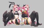  2boys absurdres animal_ears armor ass astolfo_(fate) astolfo_(saber)_(fate) bare_shoulders bow bowtie commentary_request detached_sleeves dual_persona eyebrows_visible_through_hair fake_animal_ears fang fate/apocrypha fate/grand_order fate_(series) feet foot_focus full_body gloves grey_background hair_between_eyes hair_bow haoro highres looking_at_viewer male_focus midriff multicolored_hair multiple_boys navel no_shoes open_mouth otoko_no_ko panties pink_hair rabbit_ears simple_background sitting skin_fang smile soles streaked_hair thighhighs tongue two-tone_hair underwear white_hair 