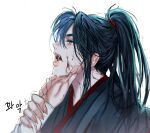  2boys black_eyes black_hair black_hanfu blood blood_on_face blood_on_hands chinese_clothes crying crying_with_eyes_open eyelashes fingernails hand_on_another&#039;s_chin hanfu highres holding_another&#039;s_wrist injury jujeop korean_commentary lan_wangji long_hair male_focus modao_zushi multiple_boys open_mouth out_of_frame ponytail pov pov_hands profile saliva sharp_fingernails sidelocks simple_background solo_focus tears tongue trembling upper_body veiny_face veiny_neck wei_wuxian white_background yaoi 