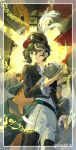  1girl absurdres black_boots black_jacket boots border brown_hair cape casting_spell cowboy_shot glowing green_cape green_eyes hand_up hat hat_feather highres holding holding_notebook holding_sword holding_weapon jacket looking_afar military_hat mole mole_under_eye mossi_(mossi0816) notebook pants parted_lips recoleta_(reverse:1999) reverse:1999 sash short_hair shoulder_sash solo sword thigh_boots transparent_border weapon white_pants window 