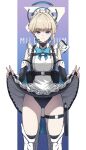  1girl absurdres bare_shoulders black_dress black_gloves blonde_hair blue_archive blue_bow blue_bowtie blue_eyes blue_halo blue_leotard bow bowtie closed_mouth commentary_request double_w dress elbow_gloves fingerless_gloves gloves halo highres holster kaiju_ryoku leotard looking_at_viewer smile solo thigh_holster thighs toki_(blue_archive) w weapon_case 