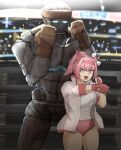  1girl 1other :d animal_ears atom_(real_steel) blue_eyes buruma clenched_hand commentary english_commentary fingerless_gloves gloves hands_up haru_urara_(umamusume) headband highres horse_ears horse_girl humanoid_robot indoors jacket littleclevie long_sleeves outstretched_arms pink_hair pink_jacket popped_collar real_steel red_buruma red_gloves red_headband robot shirt smile stadium thighs umamusume v-shaped_eyebrows white_shirt 