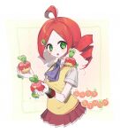  1girl :o ^_^ ahoge andou_ringo apple applin ascot black_eyes blue_ascot blush border bright_pupils character_name closed_eyes collared_shirt commentary crossover drill_hair flat_chest food fruit green_eyes hair_ornament hairclip hands_up holding holding_food holding_fruit holding_pokemon miniskirt nest_ball on_shoulder open_mouth outline outside_border pale_skin parted_bangs pleated_skirt pokemon pokemon_(creature) pokemon_on_shoulder puyopuyo red_hair red_skirt school_uniform shirt short_sleeves sidelocks skirt sok_(mr14_c) solo_focus standing sweater_vest trait_connection twin_drills twintails upper_body vest white_border white_outline white_pupils white_shirt white_trim wristband yellow_vest 