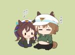  2girls :3 :d animal_ears black_pants black_shoes blue_pants blush brown_hair cheval_grand_(umamusume) chibi chibi_only closed_eyes commentary_request ears_through_headwear full_body gomashio_(goma_feet) green_background green_hoodie green_jacket hat hood hood_down hoodie horse_ears horse_girl horse_tail jacket long_sleeves multicolored_hair multiple_girls no_mouth open_clothes open_jacket pants shoes short_hair simple_background sitting smile streaked_hair tail twintails umamusume verxina_(umamusume) white_hair white_hat |_| 