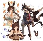  1girl absurdres animal_ears artist_name blue_eyes blue_flower blue_rose brown_hair brown_shoes brown_thighhighs carrot chibi chibi_inset clenched_teeth closed_eyes commentary cropped_torso dress english_commentary flower green_dress hair_over_one_eye hairband highres holding holding_carrot horse_ears horse_girl horse_tail long_hair multiple_views own_hands_clasped own_hands_together pinafore_dress purple_eyes rice_shower_(umamusume) rice_shower_(yummy_dreamy_fairy)_(umamusume) rose shirt shoes simple_background sleeveless sleeveless_dress swept_bangs tail teeth thighhighs umamusume upper_body white_background white_dress white_hairband white_shirt ylceon 