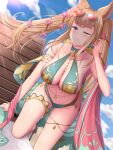  1girl animal_ears bangs bare_shoulders bikini blue_sky blush breasts cleavage collarbone erune eyewear_on_head flower granblue_fantasy green_bikini hair_flower hair_ornament highres large_breasts light_brown_hair long_hair looking_at_viewer melopun metera_(granblue_fantasy) mole mole_under_mouth navel one_eye_closed purple_eyes sidelocks sky smile solo sunglasses swimsuit thighs twintails 