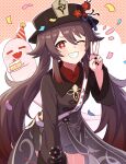  1girl ;d absurdres birthday black_hat black_nails black_shirt black_shorts boo_tao_(genshin_impact) brown_hair commentary cowboy_shot flower-shaped_pupils genshin_impact grin hand_up hat highres hu_tao_(genshin_impact) long_hair long_sleeves miz_(mizillustration) nail_polish one_eye_closed polka_dot polka_dot_background red_eyes shirt shorts smile solo symbol-shaped_pupils v very_long_hair 