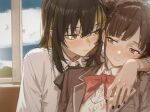  2girls arm_around_shoulder black_hair black_nails blazer blonde_streaks blush bow bowtie brown_eyes brown_hair brown_jacket closed_mouth cobwvmeti collared_shirt day fingernails hair_between_eyes hair_bun hashtag-only_commentary highres idolmaster idolmaster_shiny_colors ikaruga_luca jacket lapels long_sleeves looking_at_another multicolored_hair multiple_girls nail_polish notched_lapels red_bow red_bowtie shirt sonoda_chiyoko streaked_hair upper_body white_shirt yellow_eyes yuri 
