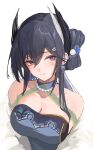 1girl absurdres arknights bare_shoulders bead_necklace beads black_hair cantabile_(arknights) highres jewelry long_hair mole mole_on_cheek necklace nekomatamago purple_eyes simple_background solo strapless upper_body white_background 