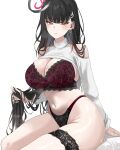  1girl absurdres black_bra black_hair black_panties blue_archive bra breasts bright_pupils cleavage clothing_cutout ear_piercing earrings english_commentary hair_ornament hairclip halo highres holding holding_own_hair jewelry lace-trimmed_bra lace_thigh_strap lace_trim large_breasts long_hair long_sleeves looking_at_viewer miz_blank navel navel_piercing panties piercing red_bra red_eyes red_panties rio_(blue_archive) shoulder_cutout sitting solo turtleneck two-tone_bra two-tone_panties underwear very_long_hair white_background white_pupils 