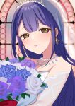  1girl absurdres bare_shoulders blue_flower blue_rose blunt_bangs blurry blurry_background blush bouquet bridal_veil bride collarbone commentary_request cosplay detached_sleeves dress earrings flower highres holding holding_bouquet indoors jewelry kagura_hikari kagura_hikari_(cosplay) kamikawa_celery long_hair long_sleeves looking_at_viewer necklace parted_lips pearl_necklace purple_flower purple_hair purple_rose raised_eyebrows rose see-through_clothes see-through_veil shoujo_kageki_revue_starlight shoujo_kageki_revue_starlight_-re_live- solo stained_glass strapless strapless_dress tiara tomoe_tamao upper_body veil wedding_dress white_dress white_flower white_rose yellow_eyes 