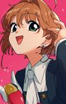  1girl brown_hair cardcaptor_sakura collared_shirt commentary_request ear_focus earrings green_eyes hair_between_eyes highres jewelry kinomoto_sakura magical_girl nzeneee open_mouth pink_background shirt short_hair simple_background smile solo sparkle upper_body wand 