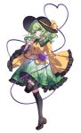  1girl artist_request black_hat black_thighhighs breasts brown_shoes buttons closed_mouth commentary_request diamond_button english_commentary eyeball floral_print frilled_shirt_collar frilled_skirt frilled_sleeves frills full_body green_eyes green_hair green_skirt hat hat_ribbon heart heart_of_string highres komeiji_koishi leg_up long_hair long_sleeves looking_at_viewer mixed-language_commentary print_skirt ribbon rose_print second-party_source shirt shoes skirt small_breasts smile solo standing standing_on_one_leg tachi-e thighhighs third_eye touhou transparent_background wide_sleeves yellow_ribbon yellow_shirt 