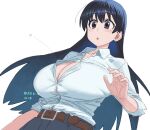  1girl :o arato_nagi belt belt_buckle black_hair blue_eyes blue_pants breasts brown_belt buckle bursting_breasts button_gap buttons cleavage collared_shirt cowboy_shot denim dot_nose earrings flying_button hand_up high-waist_pants highres huge_breasts jeans jewelry long_hair maruko_tooto open_mouth pants popped_button ruri_no_houseki shirt shirt_tucked_in sleeves_rolled_up solo stud_earrings surprised undersized_clothes unfinished white_shirt 