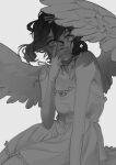  1girl alien_stage bow commentary dilated_pupils dress english_commentary feathered_wings greyscale hair_bow hand_on_own_face highres looking_at_viewer medium_hair monochrome official_alternate_costume sitting sleeveless sleeveless_dress smile solo sua_(alien_stage) unfinished vbhans wings 
