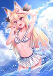  1girl :o animal_ears arm_up armpits bangs bikini bikini_skirt blonde_hair blue_sky breasts brown_eyes cleavage cloud cloudy_sky cocoasabure collarbone commentary_request eyebrows_visible_through_hair fox_ears fox_girl fox_tail hair_between_eyes highres horizon in_water long_hair looking_at_viewer midriff navel ocean original pleated_skirt polka_dot polka_dot_bikini sidelocks skirt sky solo swimsuit tail two_side_up 