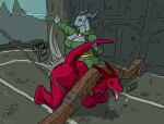 2_horns anthro bdsm bethesda_game_studios big_breasts bondage bound breasts butt_slap clothed clothing dragon duo female female/female fully_clothed green_clothing grey_body grey_sclera hi_res horn looking_pleasured mammal microsoft milfnir mythological_creature mythological_scalie mythology red_(colarix) red_body scalie skyrim slap tail text the_elder_scrolls tongue tongue_out vylfgor