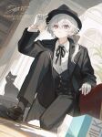 1boy black_cat black_hat black_pants bookshelf bow bowtie cat fedora_hat gloves grey_eyes hat hat_tip highres indoors loafers messy_hair milk_carton namiki_itsuki neck_ribbon original pants plant ribbon shoes short_hair signature silhouette_cat sitting solo suit vest watermark white_gloves white_hair window 
