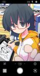  1girl blurry blurry_foreground computer_mouse drawing_(action) drawing_tablet drawstring expressionless fake_phone_screenshot fake_screenshot glasses grey_eyes grey_hair highres holding holding_stylus hood hooded_jacket jacket jitome leaf_(pokemon) looking_at_viewer original pokemon pokemon_frlg rascal_(feuille) reaching reaching_towards_viewer red-framed_eyewear semi-rimless_eyewear solo stylus user_interface zipper_pull_tab 
