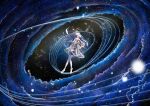  1girl amedama_ameme blonde_hair blue_eyes blue_hair bow_(music) colored_inner_hair dress floating_hair galaxy gradient_pantyhose gudok hair_ornament highres holding holding_bow_(music) kokoshnik long_hair looking_at_viewer multicolored_hair musical_staff official_alternate_costume pantyhose print_pantyhose reverse:1999 short_dress solo space star_(sky) star_(symbol) star_hair_ornament starry_sky_background starry_sky_print very_long_hair voyager_(choir_of_the_stars)_(reverse:1999) voyager_(reverse:1999) white_dress wide_shot zero_gravity 