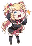  +tic_nee-san 1girl akai_haato bangs blonde_hair blue_eyes boots bow bowtie cameo chibi commentary_request eyebrows_visible_through_hair eyepatch finger_gun haaton_(akai_haato) hair_bow hair_ornament hairclip heart heart_hair_ornament highres hololive konnyaku_(kk-monmon) long_hair medical_eyepatch one_eye_covered open_mouth parody salute simple_background solo thigh_strap thighhighs tongue tongue_out two-finger_salute virtual_youtuber white_background 