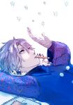 1boy absurdres blue_coat coat david_hockney earrings fingernails fur-trimmed_coat fur_trim hair_ornament hairclip hand_up highres holding holding_pencil jewelry long_sleeves looking_up lying multicolored_eyes notebook on_back paper pencil short_hair sketchbook solo spyairi star_(symbol) tower_of_god two-tone_eyes white_background white_hair 