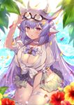  1girl animal_ears bangs bikini blue_hair blush breasts choker cleavage cow_ears cow_girl cow_horns draph goggles goggles_on_head granblue_fantasy hat homaderi horns large_breasts long_hair looking_at_viewer miniskirt open_mouth pointy_ears puffy_short_sleeves puffy_sleeves shatola_(granblue_fantasy) short_sleeves skirt solo swimsuit thighs water white_headwear 
