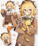  1girl ame_ame animal blonde_hair blush_stickers bow bowtie brown_jacket brown_skirt cat chibi chibi_inset closed_mouth collared_shirt commentary commission full_body glasses green_bow green_bowtie grid_background hair_ribbon highres holding holding_animal holding_cat jacket long_sleeves looking_at_viewer multiple_views open_clothes open_jacket orange_eyes orange_ribbon orange_thighhighs original outline ribbon semi-rimless_eyewear shirt short_hair skirt sleeves_past_fingers sleeves_past_wrists standing standing_on_one_leg suspender_skirt suspenders symbol-only_commentary thighhighs under-rim_eyewear watermark white_background white_outline white_shirt wing_collar 