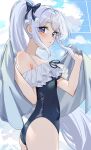  1girl ass blue_archive blue_sky breasts casual_one-piece_swimsuit cloud covered_navel cowboy_shot frilled_one-piece_swimsuit frills grey_hair highres ito_(ito577) long_hair looking_at_viewer medium_breasts miyako_(blue_archive) miyako_(swimsuit)_(blue_archive) no_halo off-shoulder_one-piece_swimsuit off_shoulder official_alternate_costume one-piece_swimsuit ponytail purple_eyes sky solo swimsuit towel two-tone_one-piece_swimsuit 