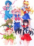  1990s_(style) 5girls absurdres aino_minako arm_belt armor back_bow back_ribbon bead_bracelet bead_choker beads belt bishoujo_senshi_sailor_moon black_bow black_bowtie black_hair blue_bow blue_choker blue_eyes blue_sailor_collar blue_shoes blue_skirt boots border bow bowtie bracelet bright_pupils brooch buttons choker circlet closed_mouth collar crescent crescent_earrings crescent_ring cropped_shirt detached_collar dot_nose double_bun earrings elbow_gloves eyelashes faux_retro_artstyle feather-trimmed_skirt gloves green_collar green_hair green_skirt hair_bow hair_bun hair_ornament headset heart heart_in_eye high-waist_skirt high_collar highres hino_rei holding holding_mask jewelry jupiter_symbol kino_makoto light_blush long_hair long_sleeves looking_at_viewer magical_girl mars_symbol mask masquerade_mask mercury_symbol midriff miniskirt mizuno_ami multiple_belts multiple_girls namisonpictures navel neckerchief one_eye_closed open_mouth orange_eyes orange_neckerchief parted_bangs pauldrons pink_bow pink_bowtie pink_hair pink_ribbon pleated_skirt ponytail prototype_design red_belt red_bow red_bowtie red_choker red_eyes red_mask red_ribbon red_sailor_collar red_skirt retro_artstyle ribbon ring sailor_collar sailor_jupiter sailor_jupiter_(prototype) sailor_mars sailor_mars_(prototype) sailor_mercury sailor_mercury_(prototype) sailor_moon sailor_moon_(prototype) sailor_v school_uniform serafuku shirt shoes short_hair short_sleeves shoulder_armor skirt sleeveless sleeveless_shirt smile sphere_earrings standing star_(symbol) star_earrings straight_hair symbol_in_eye tsukino_usagi venus_symbol very_long_hair wavy_hair white_boots white_border white_gloves white_mask white_pupils white_shirt wrist_ribbon 