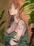  1girl breasts camisole chair cleavage collarbone commentary empty_eyes fingernails half-closed_eyes hand_on_own_arm highres large_breasts long_sleeves looking_at_viewer makenevemoiine nami_(one_piece) off_shoulder one_piece orange_hair parted_lips plant red_eyes shoulder_tattoo sidelocks solo spaghetti_strap striped symbol-only_commentary tattoo upper_body vertical_stripes 