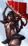  1girl absurdres black_hair breasts copyright_name highres holding holding_sword holding_weapon kill_la_kill looking_at_viewer matoi_ryuuko medium_breasts medium_hair multicolored_hair navel raphire realistic red_hair senketsu solo sword teeth two-tone_hair weapon 