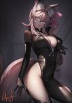  1girl animal_ear_fluff animal_ears bangs black_bodysuit bodysuit bow breasts center_opening choker cleavage fate/grand_order fate_(series) fox_ears fox_girl fox_tail genyaky glasses hair_between_eyes hair_bow highres hip_vent koyanskaya_(fate) large_breasts long_hair looking_at_viewer open_mouth pink_bow pink_hair ponytail sidelocks smile solo tail tamamo_(fate) thighs yellow_eyes 