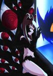 1girl amano_nene_(digimon_xros_wars) artist_name brown_eyes brown_hair cowboy_shot digimon digimon_(creature) digimon_xros_wars from_side highres long_hair moonmillenniumon profile red_eyes revealing_clothes shademon_(nene_ver.) solo_focus supermondobeat 