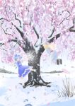  2girls blonde_hair blue_bow blue_hair blue_skirt blue_vest bow capelet cherry_blossoms cirno commentary_request detached_wings dress fairy fairy_wings falling_petals flying frilled_skirt frills hair_bow hat hat_bow highres ice ice_wings ktune_udon lily_white long_hair long_sleeves multiple_girls neck_ribbon open_mouth outdoors petals pink_petals puffy_short_sleeves puffy_sleeves red_bow red_ribbon ribbon shirt shoes short_sleeves skirt smile snow socks touhou tree vest white_capelet white_dress white_hat white_shirt white_socks wings 