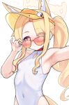  1girl above-cleavage_cutout adjusting_eyewear animal_ears armpits blonde_hair blue_archive breasts closed_mouth clothing_cutout commentary covered_navel cross_halo diamond_cutout drill_hair drill_ponytail extra_ears fox_ears fox_girl fox_tail halo highleg highleg_one-piece_swimsuit highres long_hair looking_over_eyewear matsumaramara navel official_alternate_costume one-piece_swimsuit paid_reward_available pink_eyes red-tinted_eyewear seia_(blue_archive) seia_(swimsuit)_(blue_archive) side_ponytail simple_background small_breasts smile solo sunglasses sweat swimsuit tail tinted_eyewear upper_body visor_cap white_background white_one-piece_swimsuit yellow_halo yellow_visor 