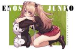  1girl absurdres ass bangs bear_hair_ornament black_bra blonde_hair boots bow bra breasts brown_jacket cleavage commentary danganronpa:_trigger_happy_havoc danganronpa_(series) english_text enoshima_junko eyebrows_visible_through_hair from_side green_background green_eyes hair_ornament highres huge_filesize huo_zhi_gaoxing jacket knee_boots kneeling leaning_forward long_hair looking_at_viewer miniskirt monokuma nail_polish necktie red_nails red_skirt shiny shiny_hair skirt sleeves_rolled_up smile solo translated twintails underwear white_background 