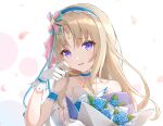 1girl arm_garter bangs blonde_hair blush bouquet civia collarbone crying crying_with_eyes_open flower gloves hair_ornament headband holding holding_bouquet hololive hololive_china horns jewelry kebin_no_shio_amaou long_hair necklace parted_bangs purple_eyes single_horn sleeveless smile solo tears unicorn_girl virtual_youtuber white_gloves 