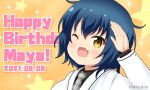  1girl ;d arm_up bangs black_shirt blazer blue_hair blush brown_background brown_eyes character_name collared_shirt commentary_request dated eyebrows_visible_through_hair fang gochuumon_wa_usagi_desu_ka? grey_neckwear hair_between_eyes happy_birthday jacket jouga_maya long_sleeves looking_at_viewer miicha necktie one_eye_closed open_mouth plaid_neckwear school_uniform shirt smile solo sparkle starry_background tedeza_rize&#039;s_school_uniform twitter_username upper_body white_jacket 