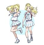  1girl :o absurdres backpack bag blonde_hair blush bomhat commentary eyelashes floating_hair green_eyes highres holding_strap leg_up lillie_(pokemon) long_hair looking_at_viewer multiple_views open_mouth pink_bag pleated_skirt pokemon pokemon_(game) pokemon_sm ponytail sailor_collar shirt shoes short_sleeves skirt smile socks standing tongue upper_teeth white_footwear white_legwear white_shirt white_skirt 