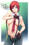  1girl artist_name bare_shoulders blue_eyes breasts female_pubic_hair gloves highres large_breasts navel necktie nipple_slip nipples no_panties open_fly pants pubic_hair red_hair saigado short_hair sleeveless snk solo suspenders the_king_of_fighters unbuttoned vanessa_(kof) 