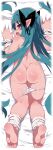  1girl :d absurdres ass barefoot blue_hair blush dakimakura_(medium) earrings from_behind full_body heart heart-shaped_pupils highres hoop_earrings jewelry long_hair looking_at_viewer lying on_stomach open_mouth original panties panty_pull pointy_ears red_eyes seri_(zankuro) sheet_grab sideways_glance smile soles solo sweat symbol-shaped_pupils underwear very_long_hair wet wet_clothes wet_panties white_panties wristband zankuro 