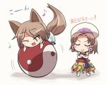  2girls :3 :d animal_ears bangs brown_hair chibi closed_eyes closed_mouth commentary_request crossed_arms eighth_note eyebrows_visible_through_hair fox_ears fox_tail full_body hair_ornament kudamaki_tsukasa magatama magatama_necklace multiple_girls musical_note open_mouth orb quarter_note red_shirt rokugou_daisuke romper shirt short_hair short_sleeves simple_background skirt smile standing tail tamatsukuri_misumaru touhou translation_request white_background yellow_skirt yin_yang yin_yang_orb 