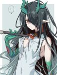 ... 1girl an_fyhx arknights black_hair border cleavage_cutout clothing_cutout colored_skin commentary dragon_girl dragon_horns dress dusk_(arknights) earrings gradient_skin green_skin hair_over_one_eye highres horns jewelry long_hair looking_at_viewer necktie outside_border pointy_ears red_eyes red_neckwear sleeveless sleeveless_dress solo spoken_ellipsis symbol-only_commentary tassel tassel_earrings white_border white_dress 