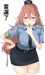  1girl absurdres armband bad_link belt black_belt black_hat black_necktie black_skirt blue_shirt blush breasts bygin collared_shirt cowboy_shot cuffs green_armband hair_between_eyes hand_on_own_hip handcuffs hat highres holding holding_handcuffs inui_shinju large_breasts long_hair looking_at_viewer mini_hat mouth_hold necktie pencil_skirt pink_eyes pink_hair police police_uniform policewoman shirt short_sleeves shoulder_strap simple_background skirt solo sono_bisque_doll_wa_koi_wo_suru standing thighs very_long_hair whistle white_background 